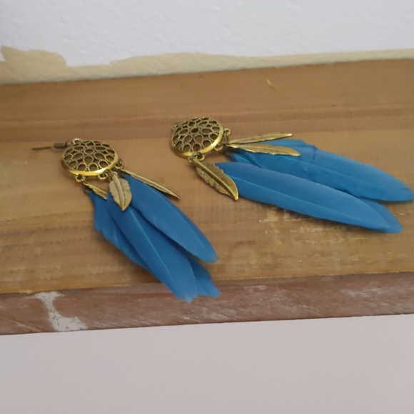 Blue Feather Dangle Earrings - Picture 2 of 2